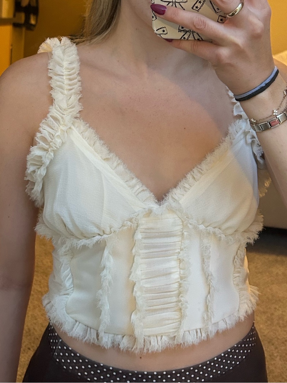 Frayed Trim Cream Corset-Style Cropped Camisole